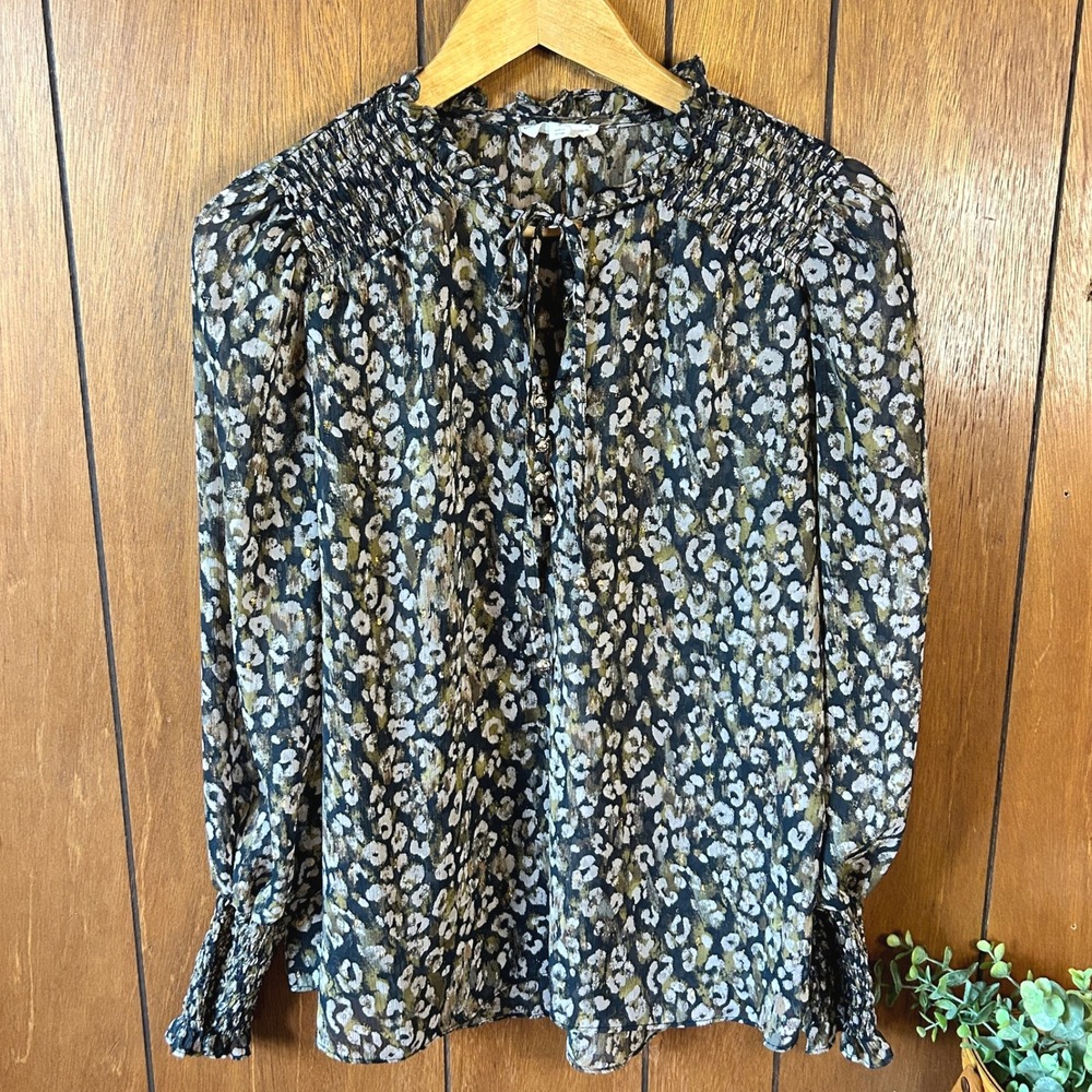 By The‎ River Leopard Print Ruffle Smocked Neck Tie Front Long Sleeve Blouse